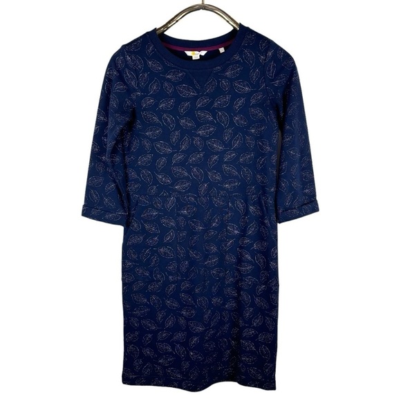 BODEN J0728 HANNAH NAVY SILVER METALLIC LEAF PULLOVER COTTON SWEATSHIRT DRESS - Picture 3 of 13